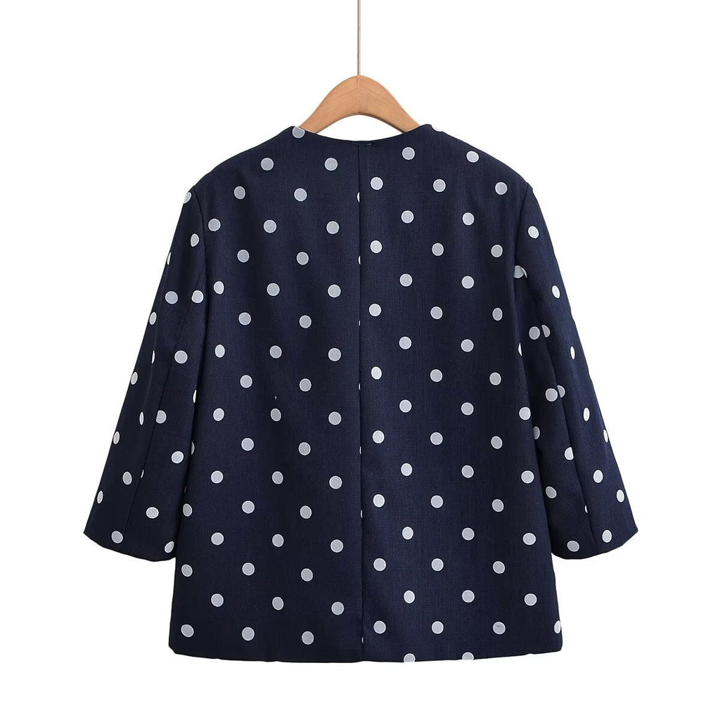 Women's Lexington navy blue polka dot collarless jacket with gold-tone buttons and textured finish — view 2