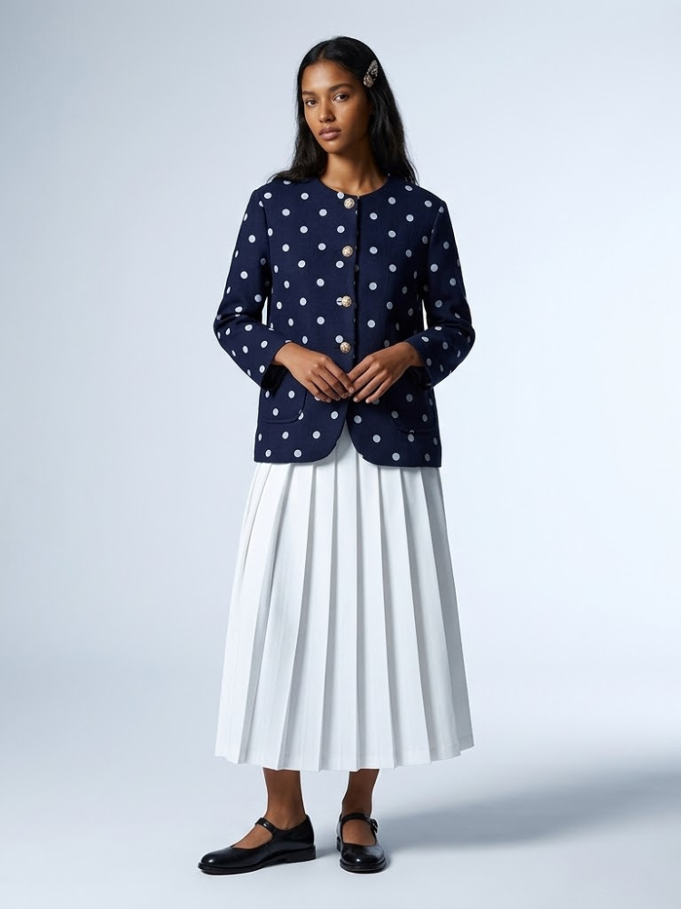 Women's Lexington navy blue polka dot collarless jacket with gold-tone buttons and textured finish