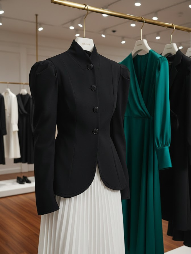 Black structured tailored women's jacket with mandarin collar, large buttons, and peplum waist — view 3