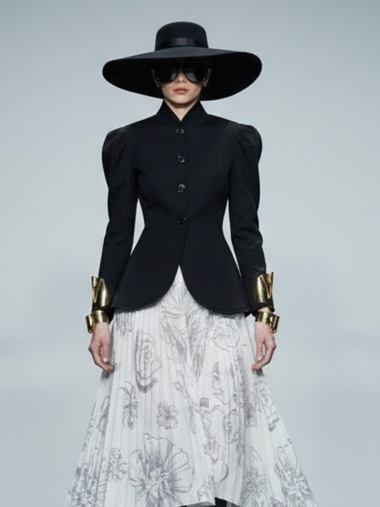 Black structured tailored women's jacket with mandarin collar, large buttons, and peplum waist — view 2