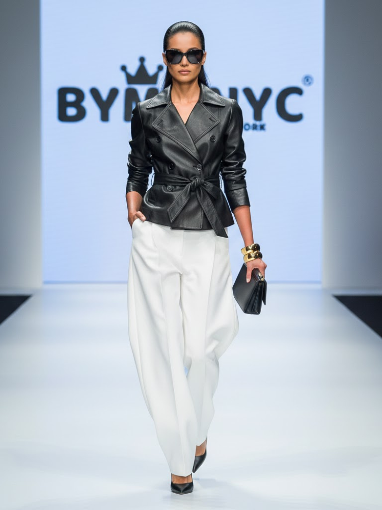 Washington Square faux leather matte black double breasted jacket with peplum waist and tie belt