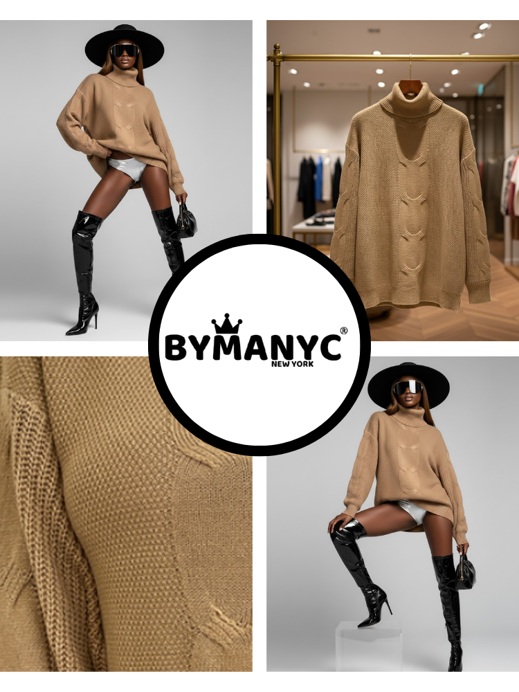 Oversized camel brown cable knit turtleneck sweater for women in thick blend — view 4