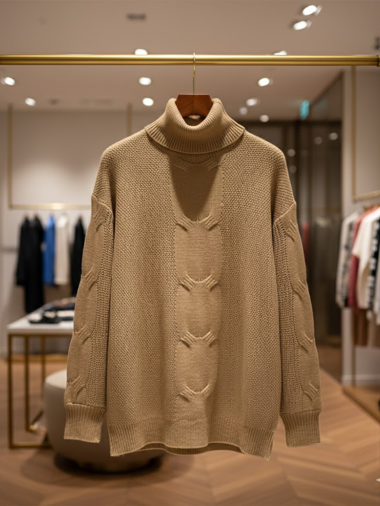 Oversized camel brown cable knit turtleneck sweater for women in thick blend — view 3