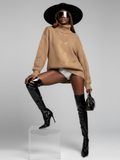 Oversized camel brown cable knit turtleneck sweater for women in thick blend