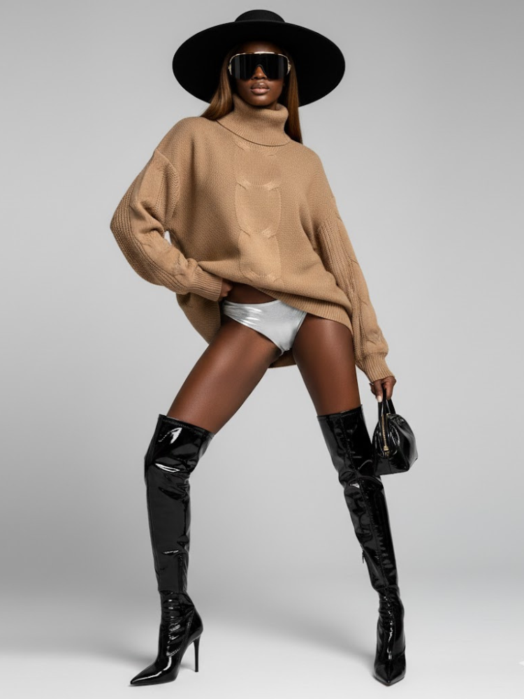 Oversized camel brown cable knit turtleneck sweater for women in thick blend — view 2
