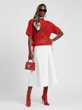 Women's red open-knit sweater with short puffed sleeves and adjustable side ties