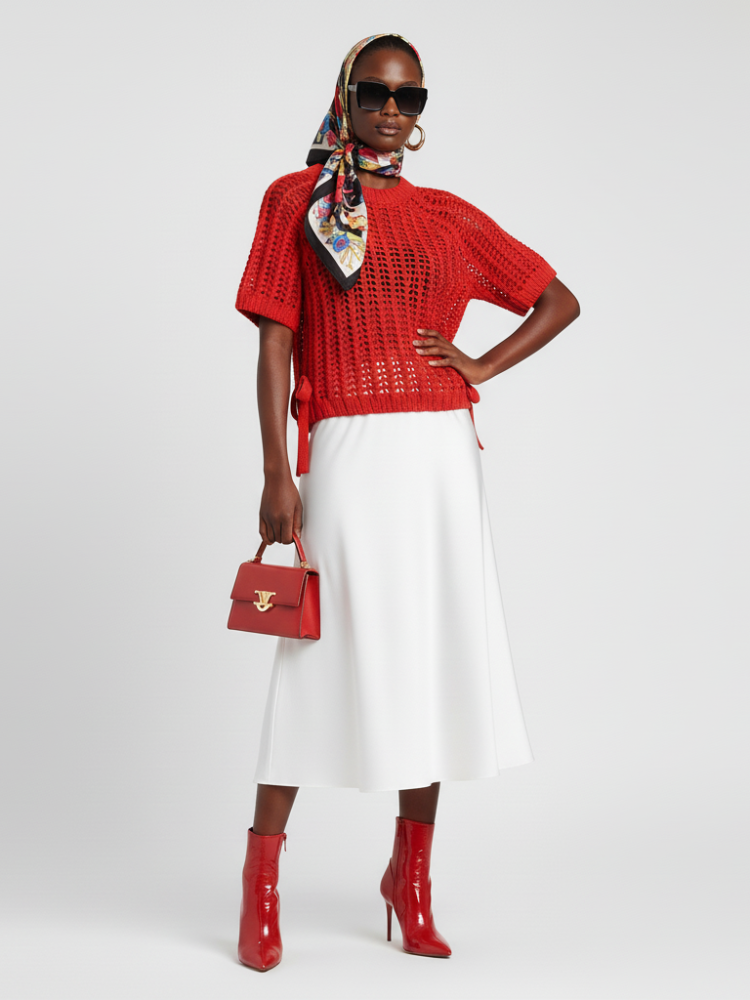 Women's red open-knit sweater with short puffed sleeves and adjustable side ties