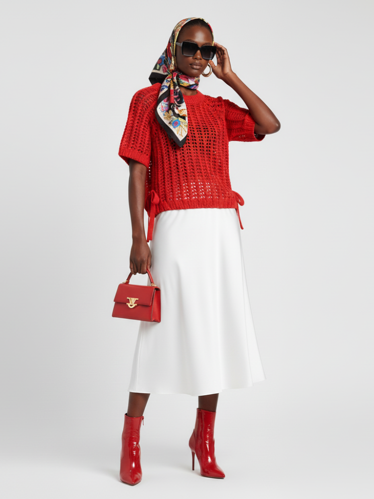 Women's red open-knit sweater with short puffed sleeves and adjustable side ties — view 2