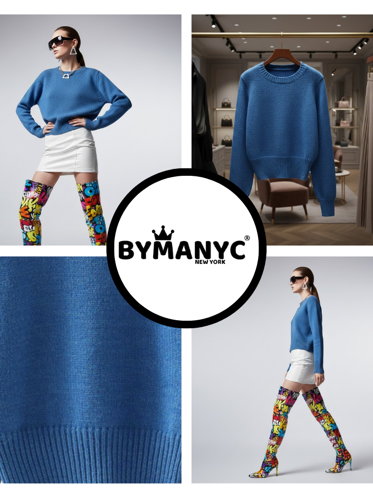 Royal blue women's knit sweater with long sleeves round neck and a modern cropped silhouette — view 3