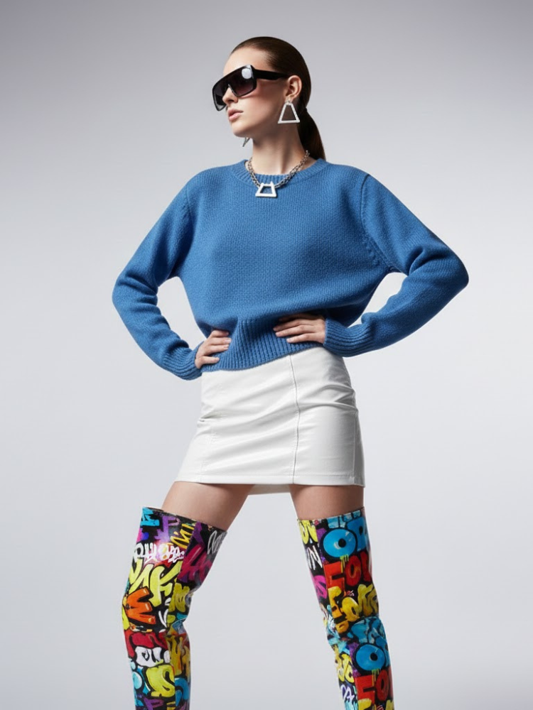 Royal blue women's knit sweater with long sleeves round neck and a modern cropped silhouette