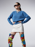 Royal blue women's knit sweater with long sleeves round neck and a modern cropped silhouette