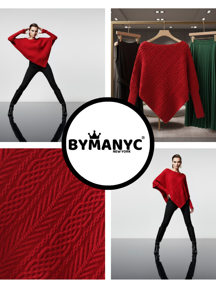 Intense red wool blend poncho sweater featuring a diagonal cable knit and asymmetrical peaked hemline. — view 3