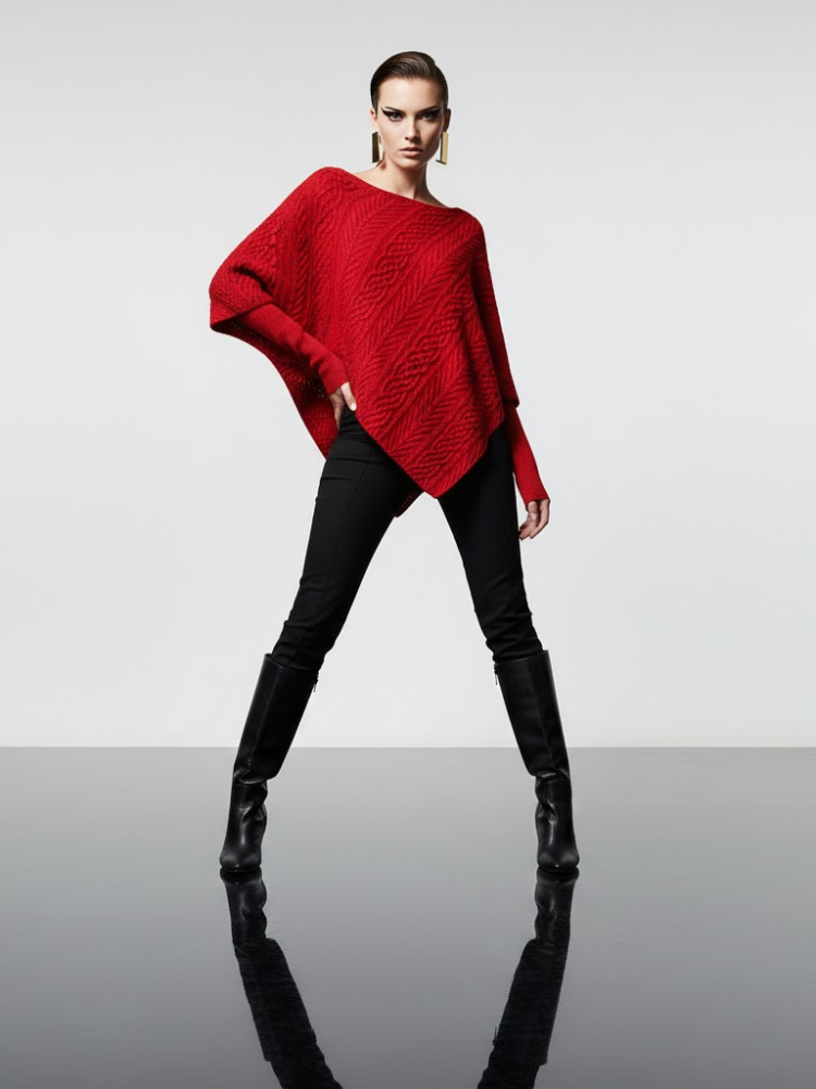 Intense red wool blend poncho sweater featuring a diagonal cable knit and asymmetrical peaked hemline. — view 2