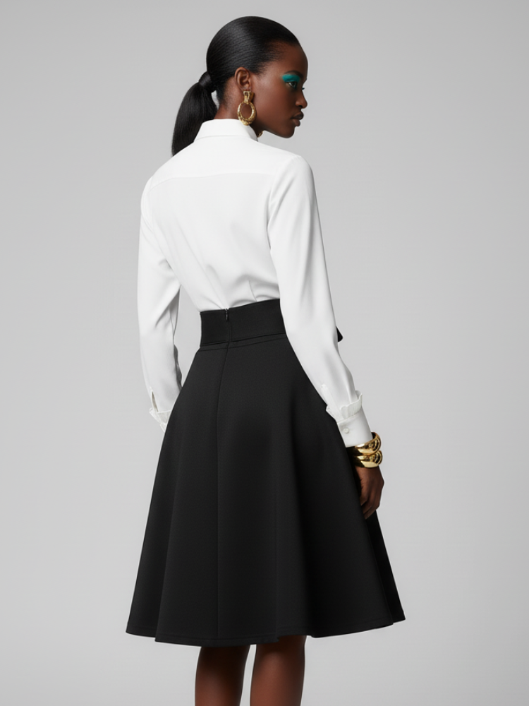 Black midi skirt with high wide waist and oversized bow tie in eco-friendly technical fabric — view 2