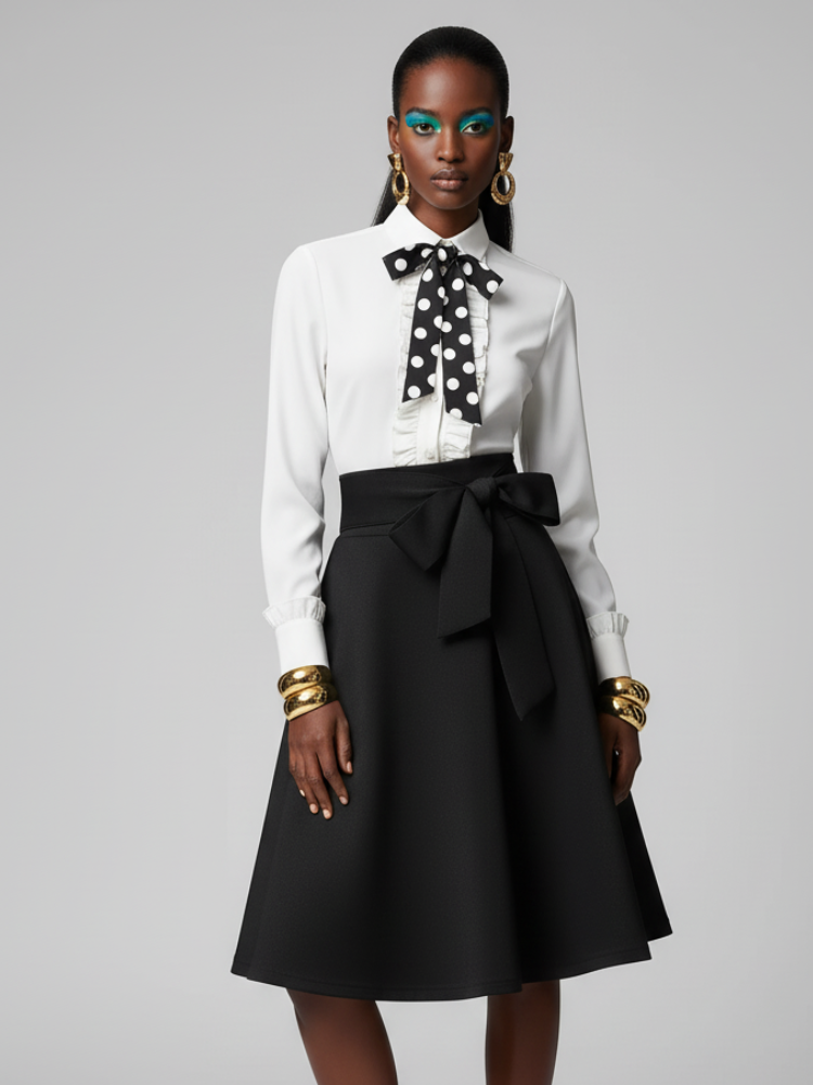 Black midi skirt with high wide waist and oversized bow tie in eco-friendly technical fabric