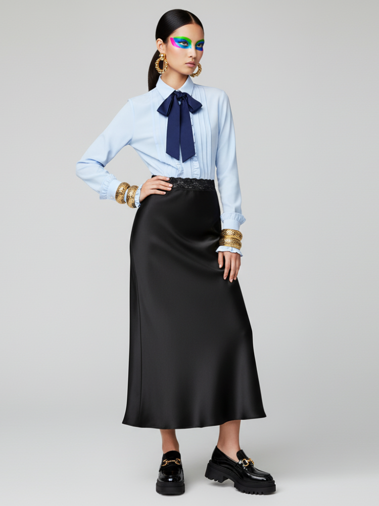 Women's deep black satin midi skirt with subtle lace waistband and fluid bias cut design