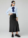Women's deep black satin midi skirt with subtle lace waistband and fluid bias cut design