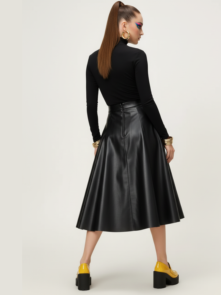 Black faux leather Roosevelt Couture midi skirt with a high waistband and flared A-line silhouette — view 2