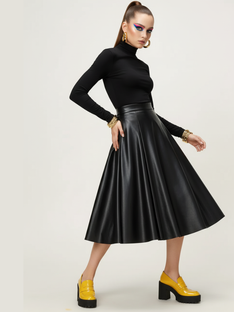 Black faux leather Roosevelt Couture midi skirt with a high waistband and flared A-line silhouette