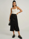 Black women's tailored midi skirt with contrasting front buttons and large flapped patch pockets