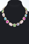 East Village statement necklace featuring vibrant multicolored geometric mosaic stones on a 20-inch chain