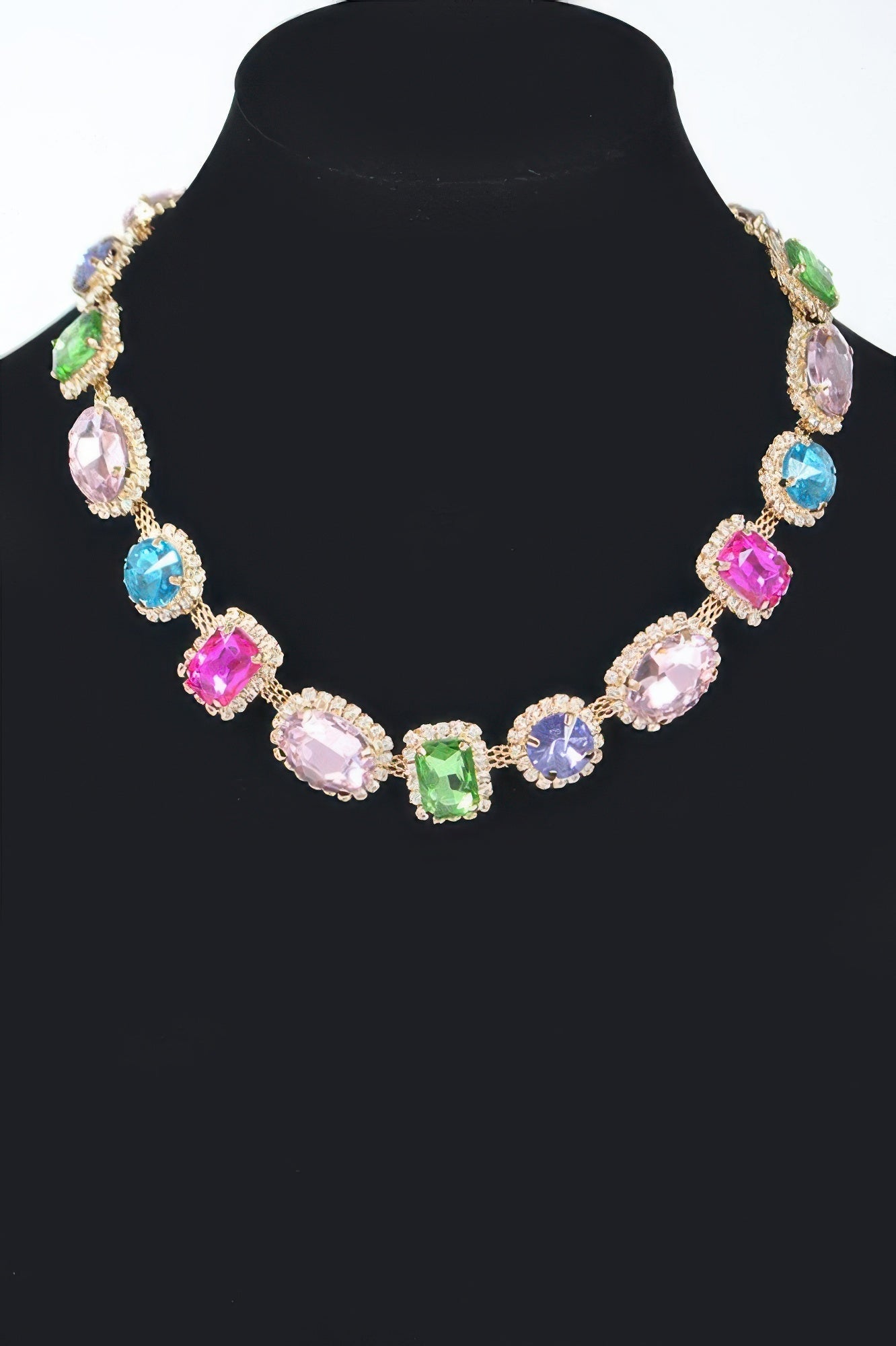 East Village statement necklace featuring vibrant multicolored geometric mosaic stones on a 20-inch chain