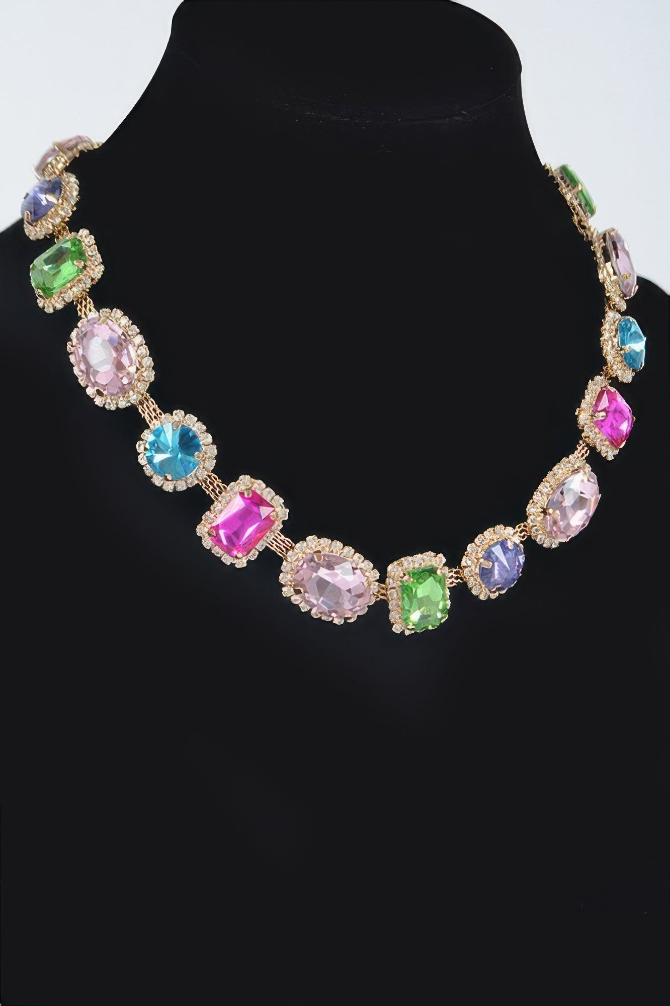 East Village statement necklace featuring vibrant multicolored geometric mosaic stones on a 20-inch chain — view 2
