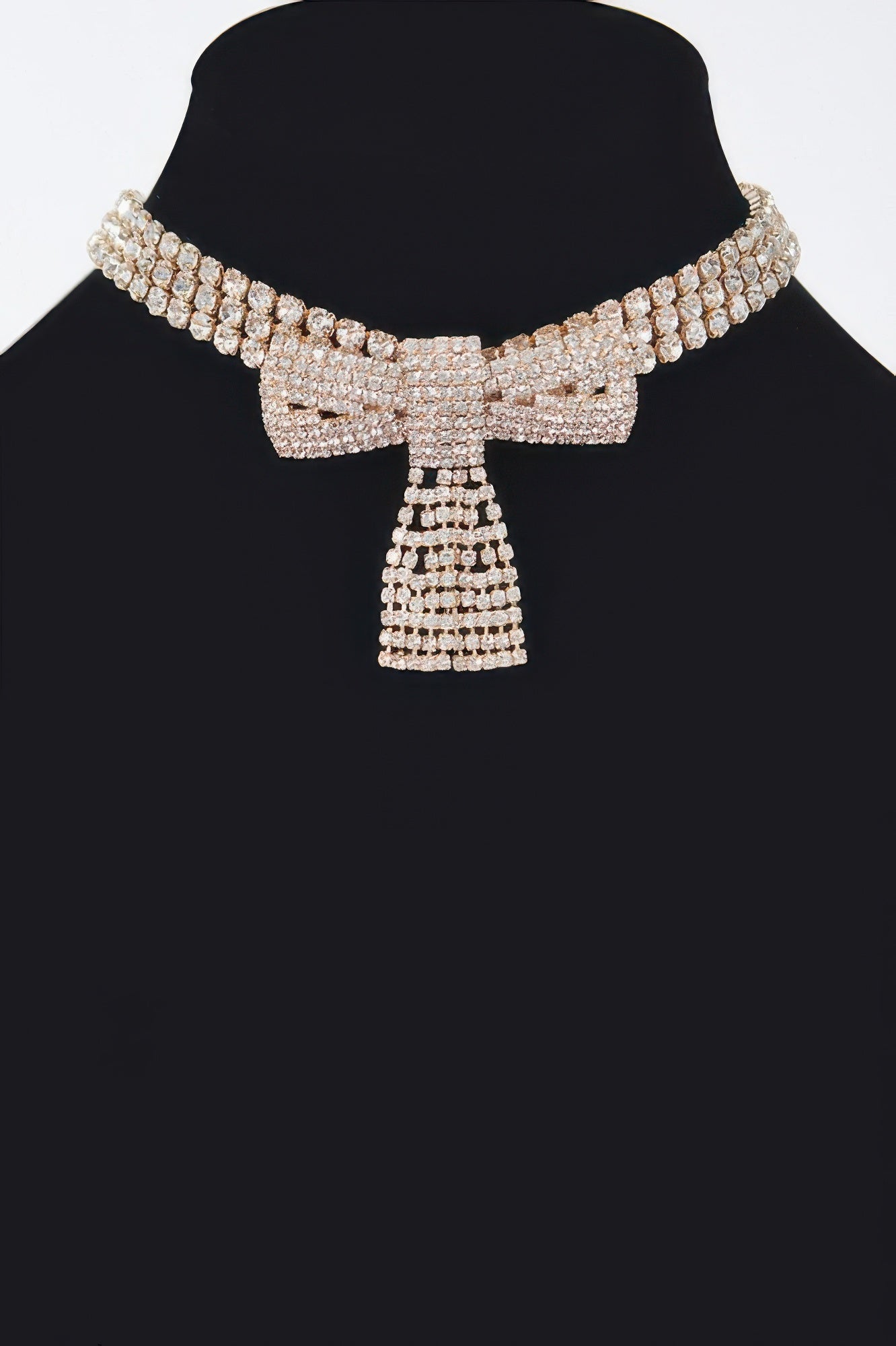 FIFTH AVE rhinestone ribbon choker necklace with flexible metallic base and high-clarity crystals