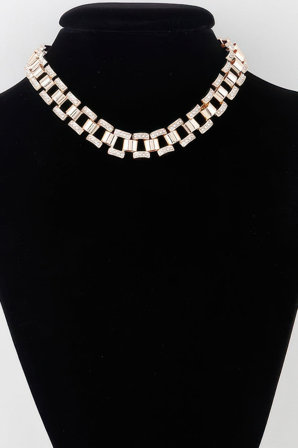 Women's Hell's Kitchen gold or silver-plated box chain necklace featuring clear gemstones