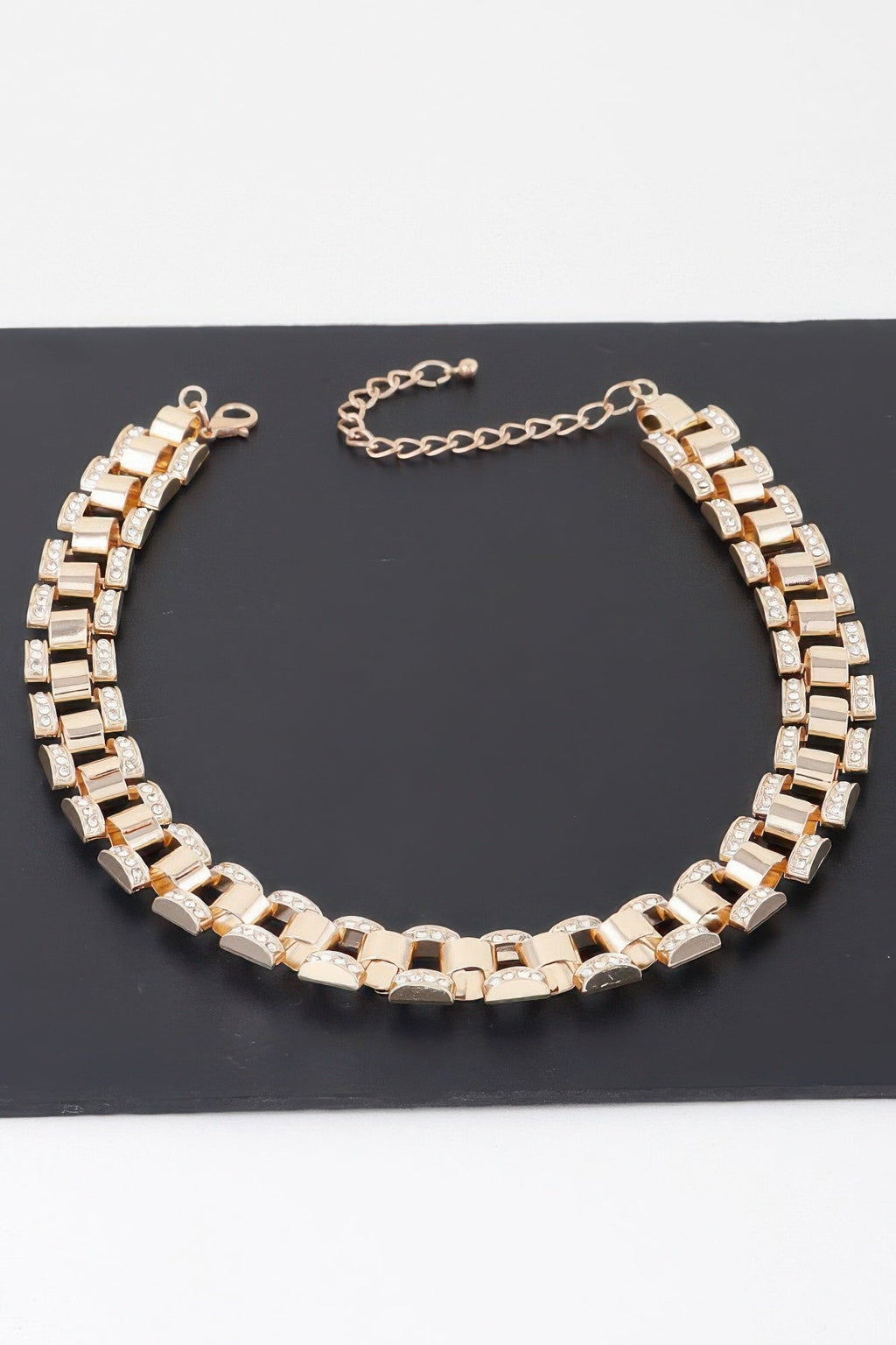 Women's Hell's Kitchen gold or silver-plated box chain necklace featuring clear gemstones — view 2