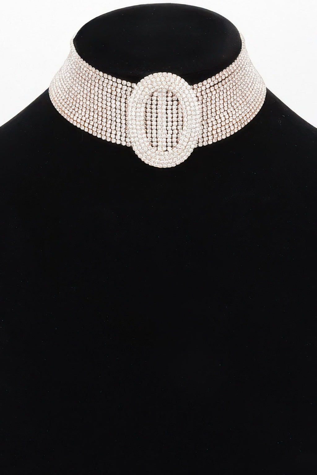 Rockefeller rhinestone choker necklace with circular motifs and polished high shine metallic base