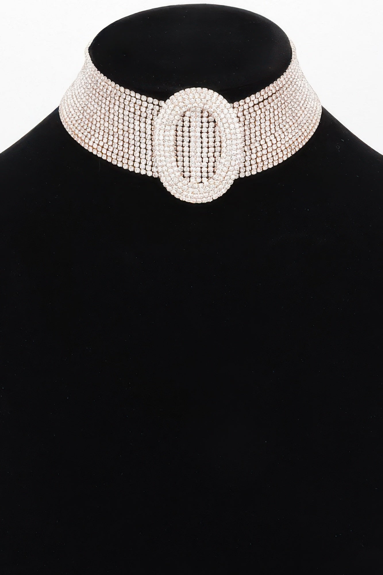 Rockefeller rhinestone choker necklace with circular motifs and polished high shine metallic base