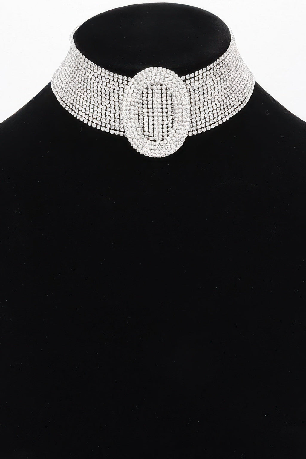 Rockefeller rhinestone choker necklace with circular motifs and polished high shine metallic base — view 3