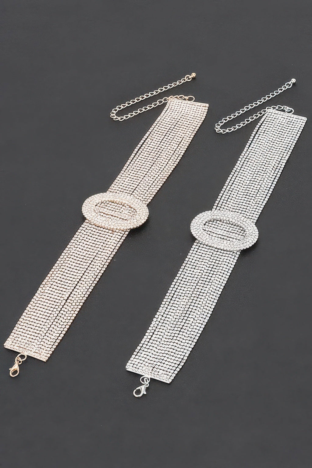 Rockefeller rhinestone choker necklace with circular motifs and polished high shine metallic base — view 5