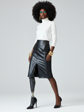Black faux leather midi pencil skirt with subtle front slit and contrasting zipper pocket
