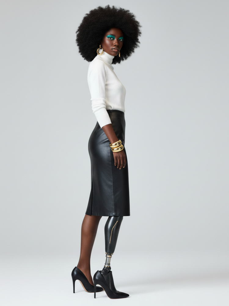 Black faux leather midi pencil skirt with subtle front slit and contrasting zipper pocket — view 2