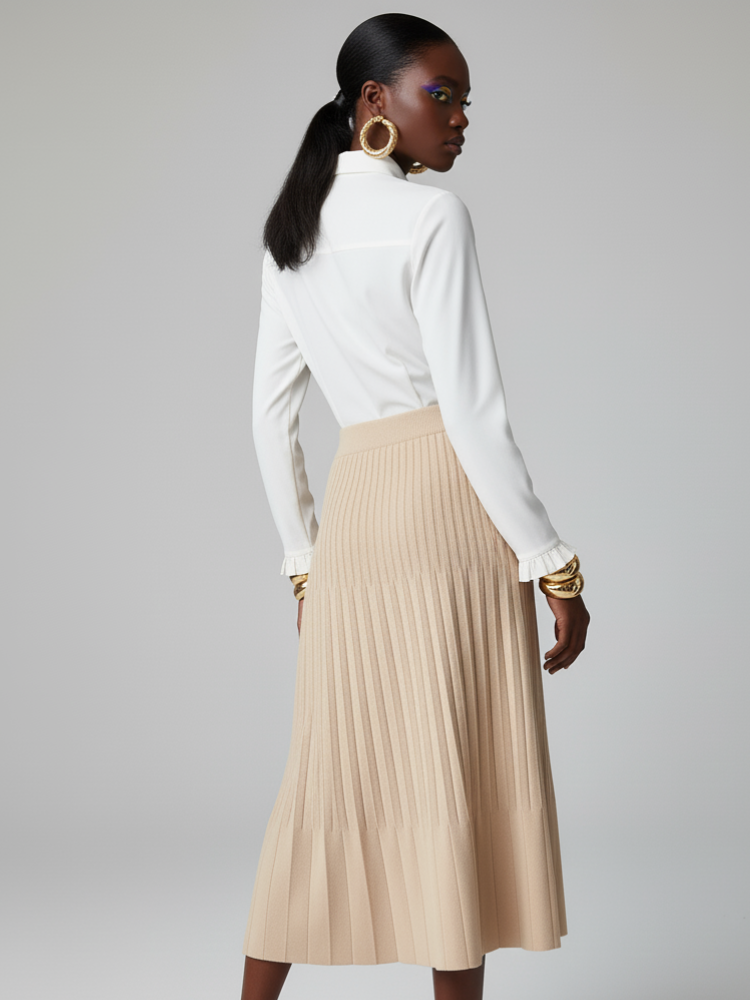 Women's nude beige pleated midi skirt made from sustainable knit fabric with an elastic waistband — view 2
