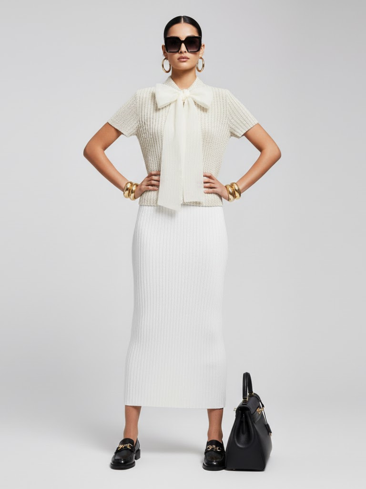 Gramercy couture women's sweater in cream openwork knit with a voluminous silk organza bow