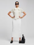 Gramercy couture women's sweater in cream openwork knit with a voluminous silk organza bow