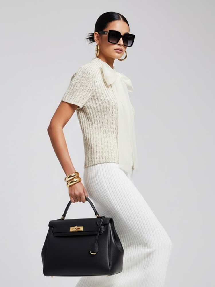 Gramercy couture women's sweater in cream openwork knit with a voluminous silk organza bow — view 3