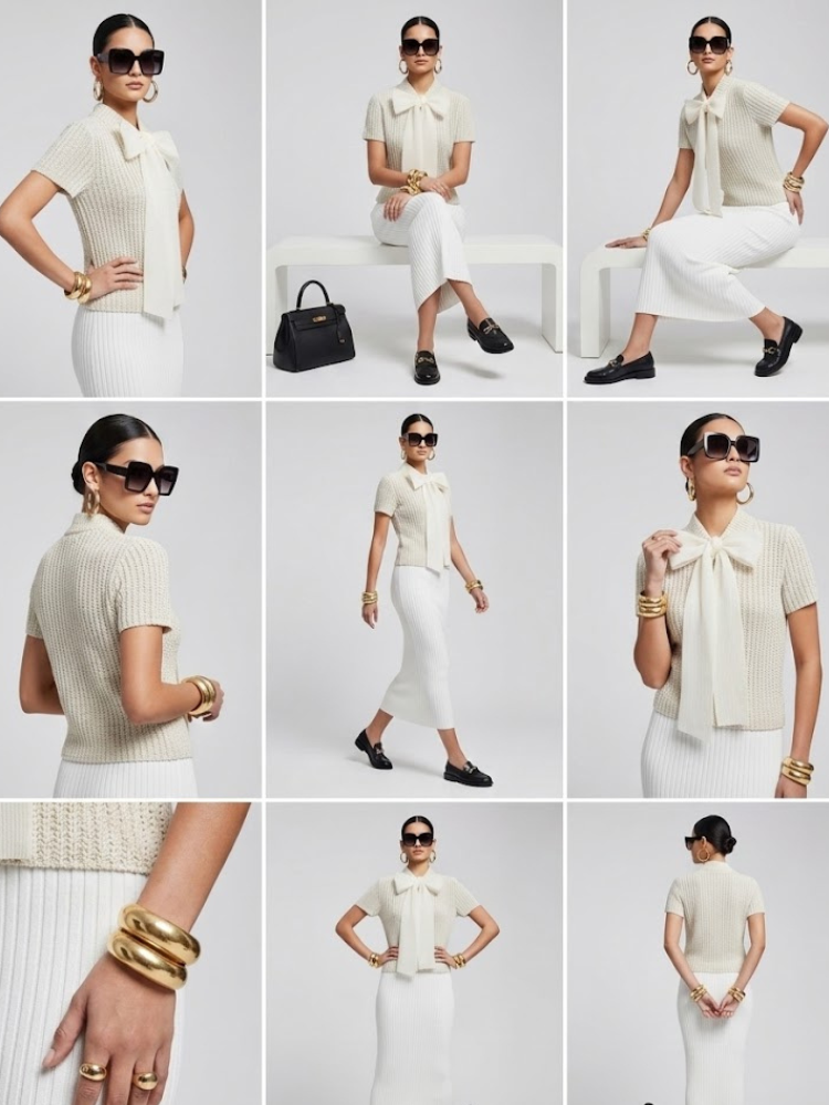 Gramercy couture women's sweater in cream openwork knit with a voluminous silk organza bow — view 2