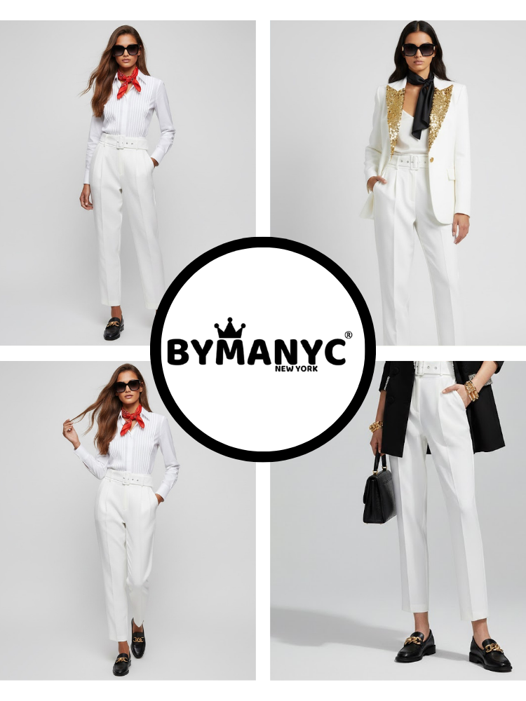 White high-waisted women's dress trousers with matching belt, front pleats, and tapered legs — view 5