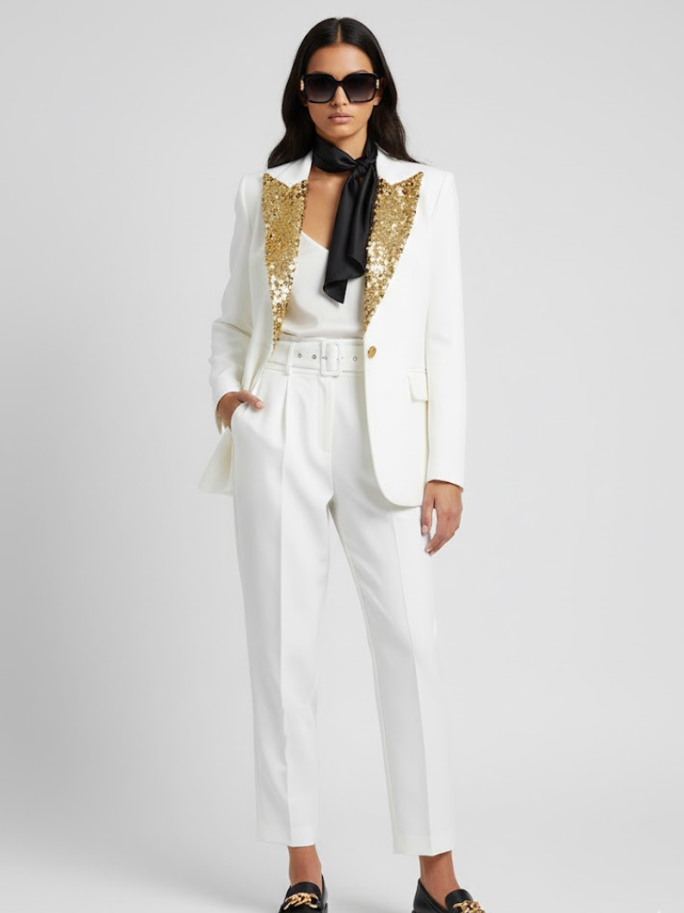 White high-waisted women's dress trousers with matching belt, front pleats, and tapered legs — view 2