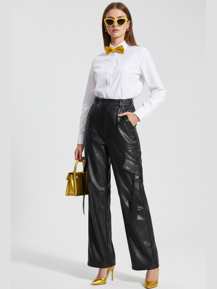 Black vegan leather wide-leg cargo trousers with high waist and side flap pockets. — view 2