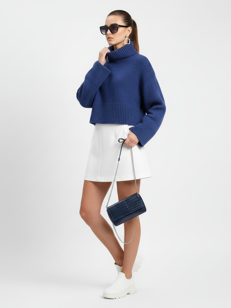 Women's cropped turtleneck sweater in chunky cobalt blue knit with a relaxed boxy fit — view 3