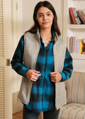 Women's sweater fleece vest with cozy sherpa lining and secure full zip front closure