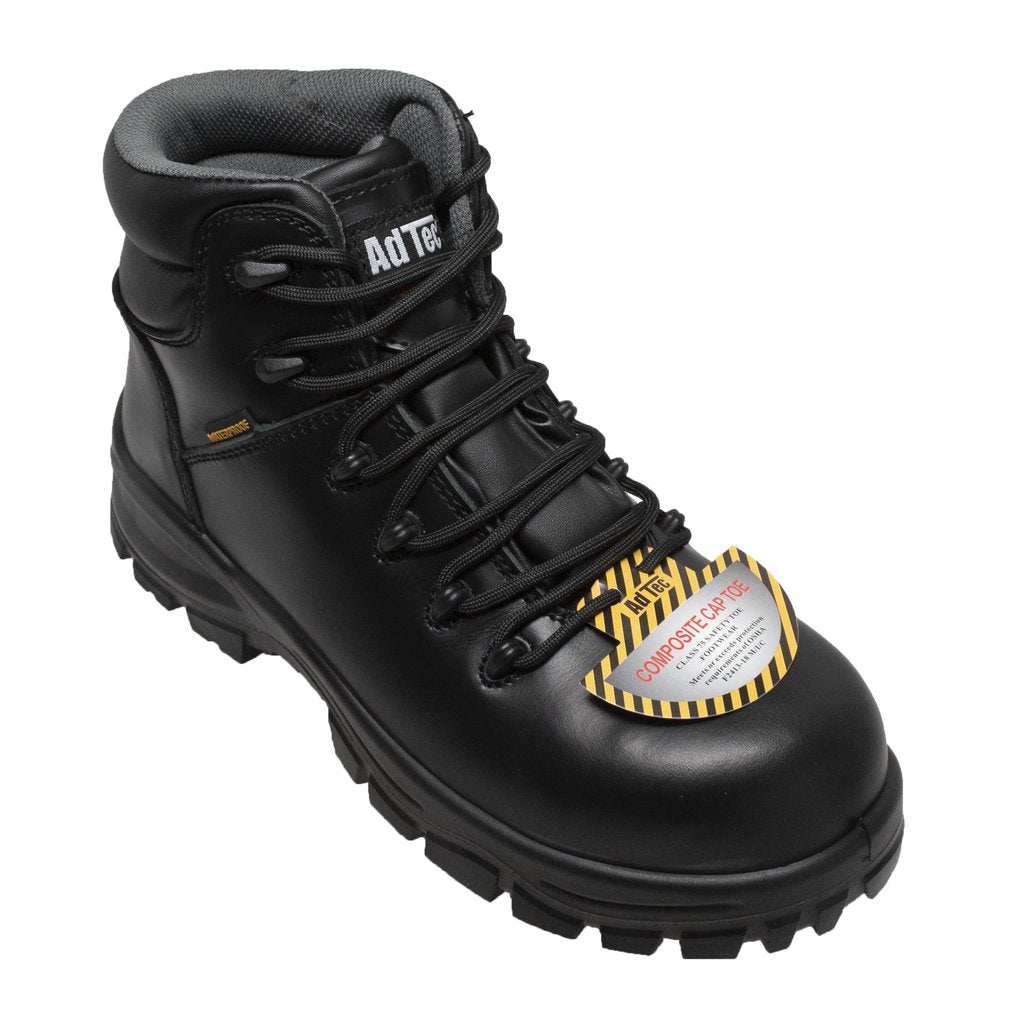 Women's black leather waterproof work boots with composite safety toe and oil resistant outsole
