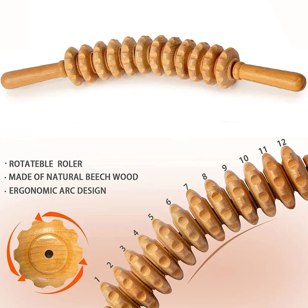 Two natural wood therapy massage rollers with ergonomic grips and rotating wooden beads — view 4