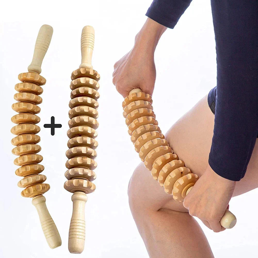 Two natural wood therapy massage rollers with ergonomic grips and rotating wooden beads — view 2