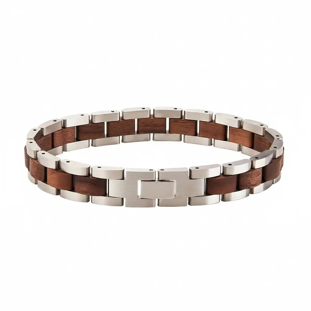 Wood and stainless steel chain bracelet with geometric links and hidden safety clasp